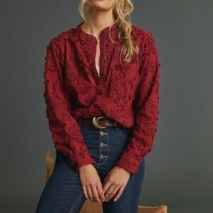 Pilcro Anthropologie The Whitney Textured Trapeze Button Front Blouse Red